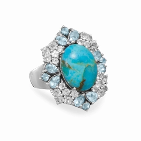 Reconstituted Turquoise Ring with Blue and White Topaz Sterling Silver Superior Symbol Artistic Insignia