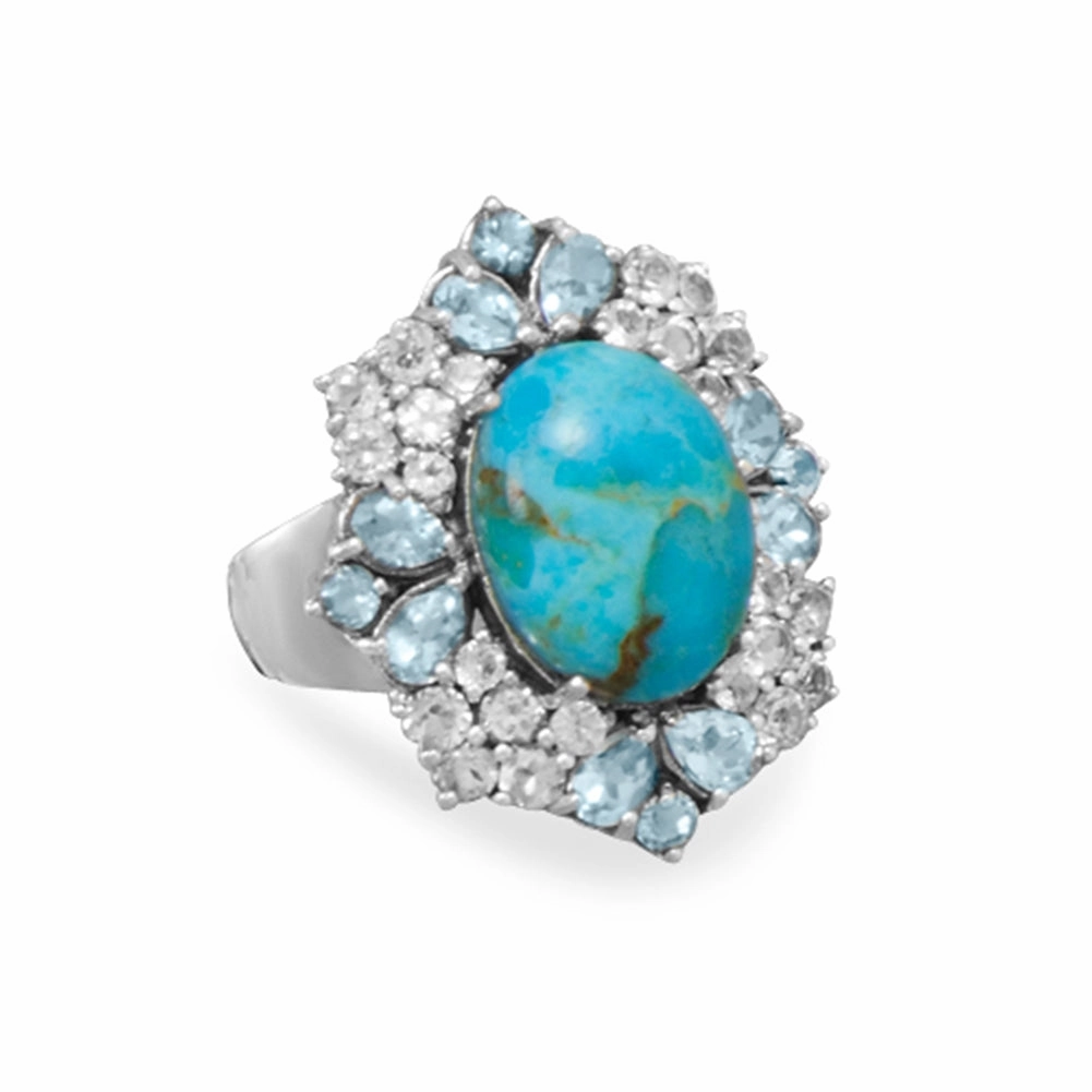 Reconstituted Turquoise Ring with Blue and White Topaz Sterling Silver Superior Symbol Artistic Insignia