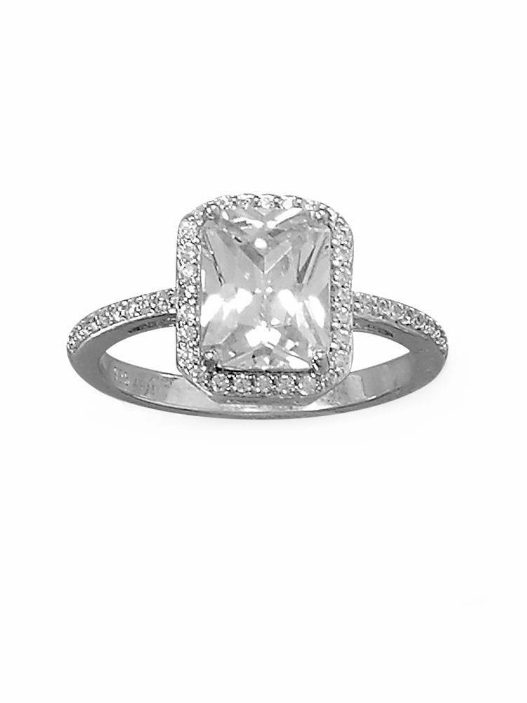 Rectangle Cushion Shape Halo Ring Cubic Zirconia Band Rhodium on Sterling Silver Ornate Detail Casual Look