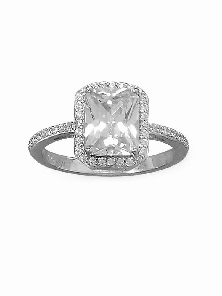 Rectangle Cushion Shape Halo Ring Cubic Zirconia Band Rhodium on Sterling Silver Wonderful Embellishment Modern Adornment