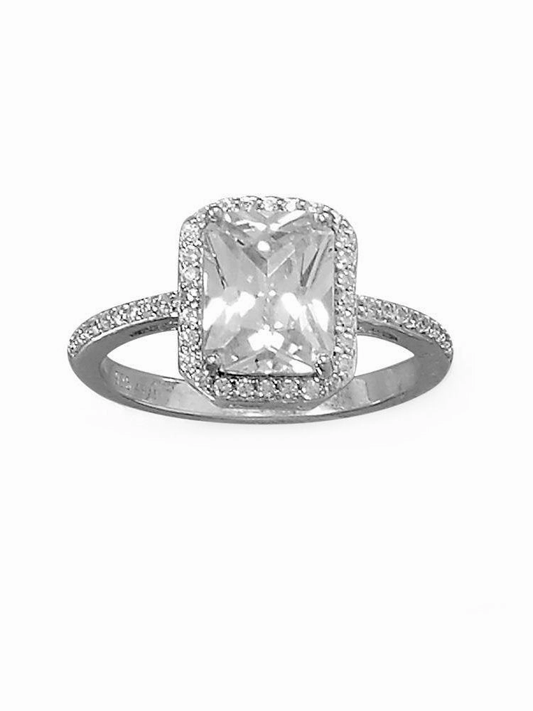 Understated Mood Rectangle Cushion Shape Halo Ring Cubic Zirconia Band Rhodium on Sterling Silver