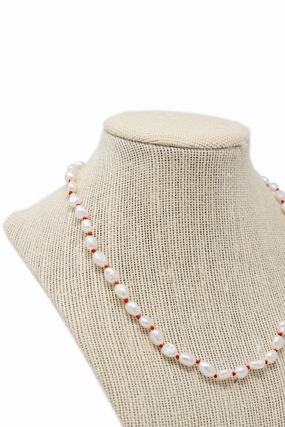 Handmade Ornament Summer Festival Piece Red Beaded Pearl Necklace