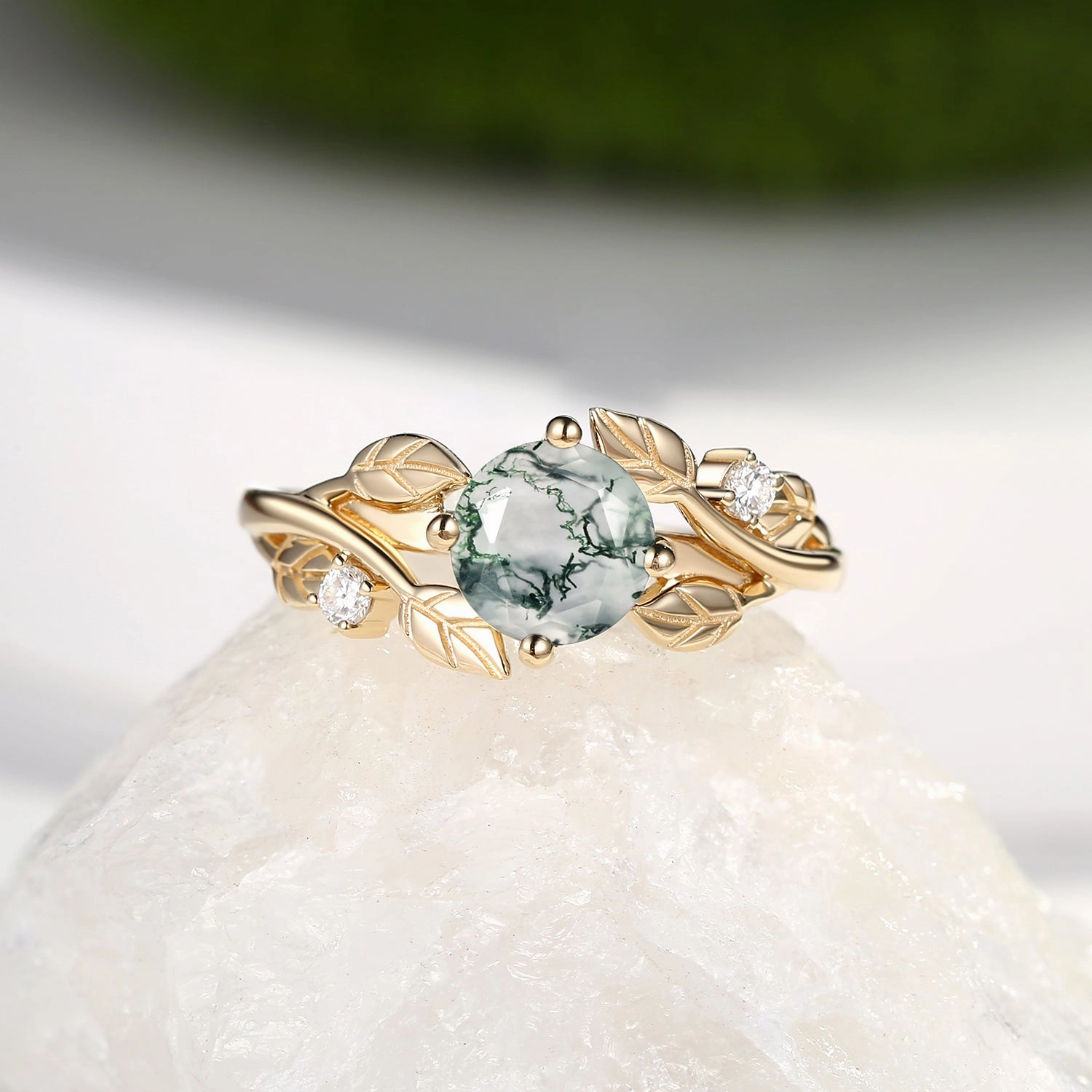 Elegant Gift Round Shaped Leaf Moss Agate Engagement Ring - Gardenia