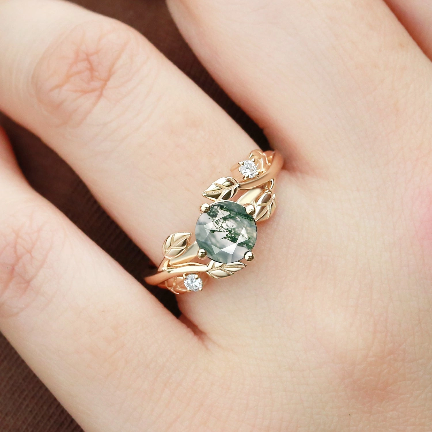 Round Shaped Leaf Moss Agate Engagement Ring - Gardenia Versatile Sparkle