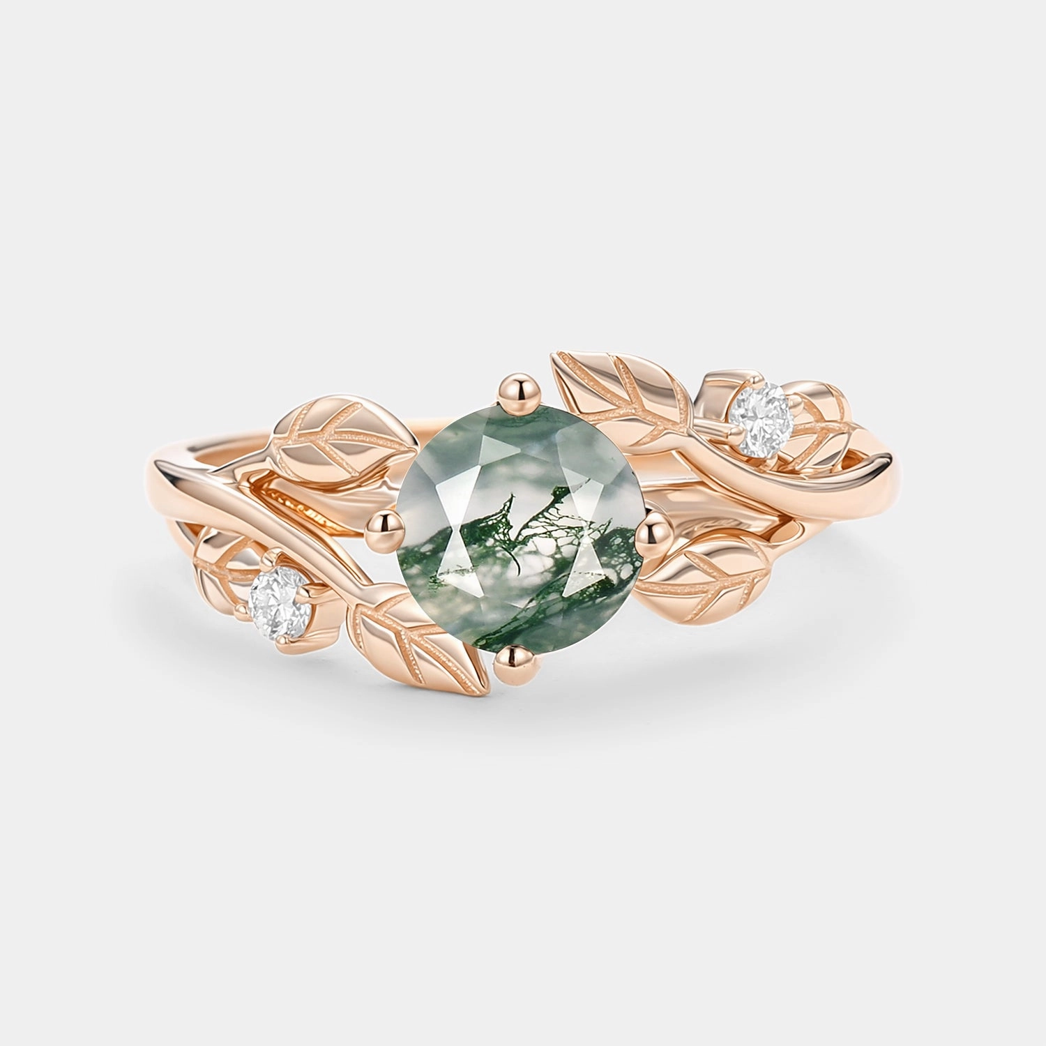 Round Shaped Leaf Moss Agate Engagement Ring - Gardenia High Class Polished Spark