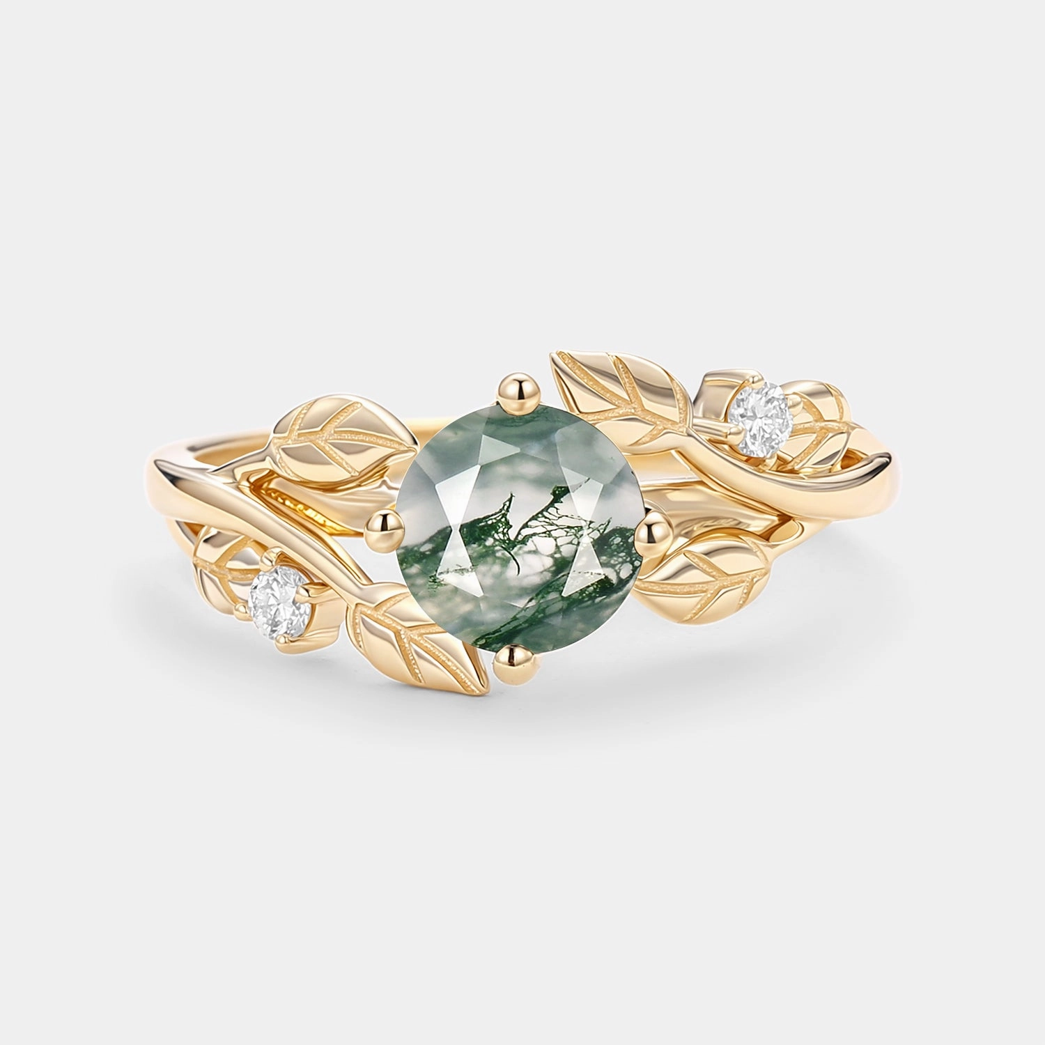 Round Shaped Leaf Moss Agate Engagement Ring - Gardenia Radiant Sparkle