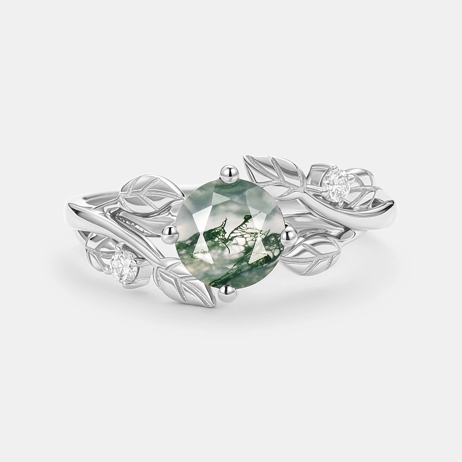 Round Shaped Leaf Moss Agate Engagement Ring - Gardenia Vibrant Jewelry Design