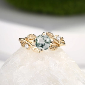 Elegant Gift Round Shaped Leaf Moss Agate Engagement Ring - Gardenia