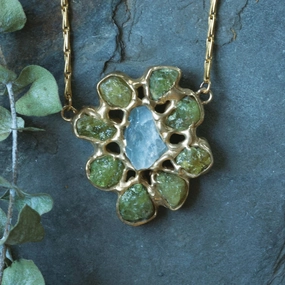 Perennial Pendant - Brass, Green Garnet   Aquamarine Special Day