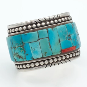 Beauty Touch Seasonal accessory Arlene Aguilar Santa Ana Pueblo Handmade Sterling Silver Turquoise Red Spiny Oyster Cuff Bracelet