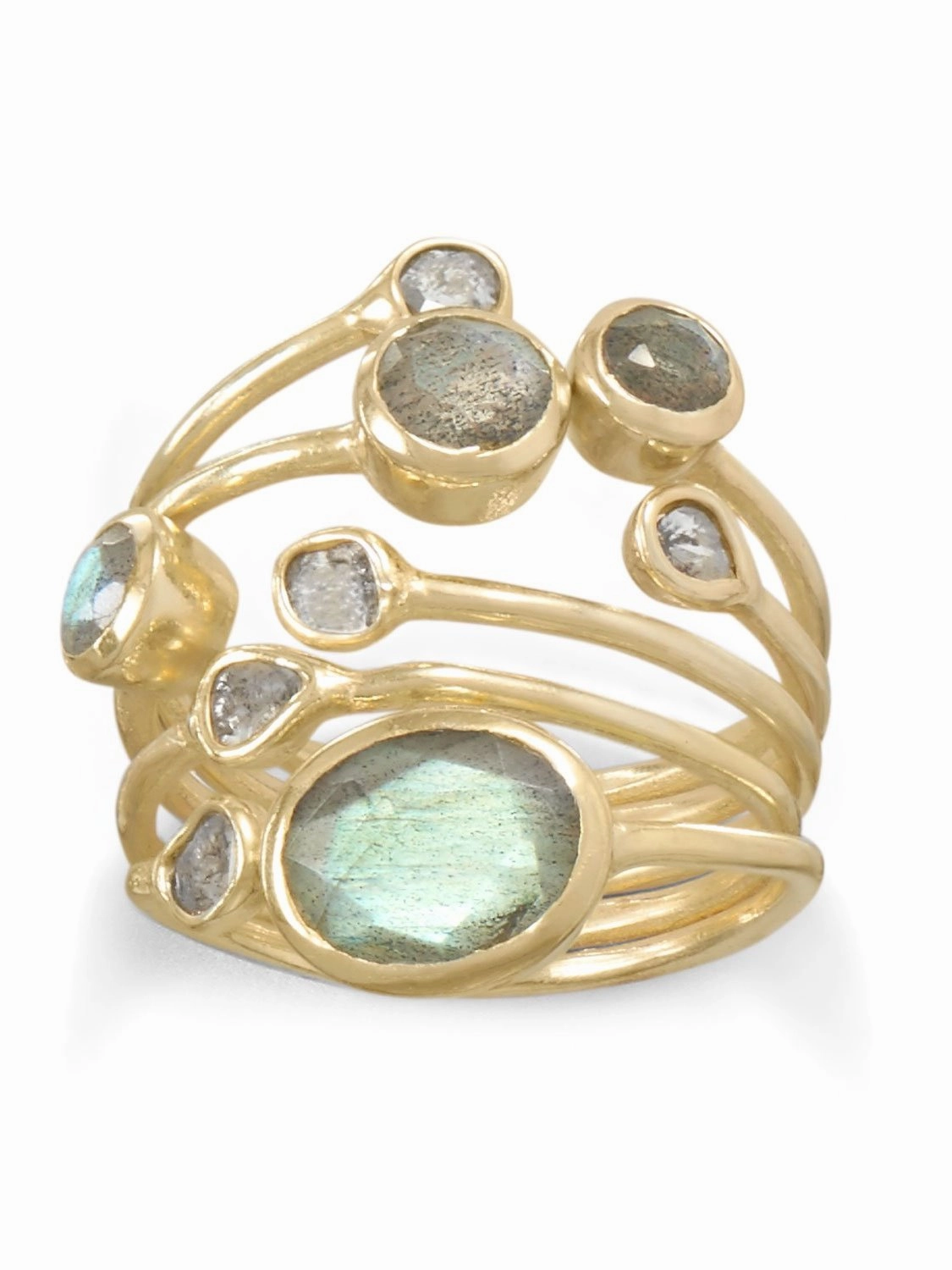 Valentine Present Designer Craft Labradorite and Polki Diamond Ring Stacked Layered Gold-plated Sterling Silver