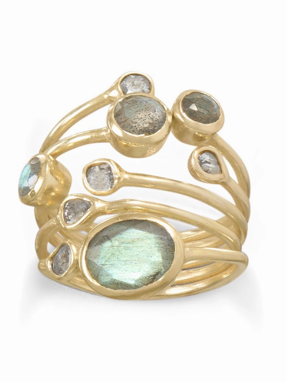 Elegant Ornament Labradorite and Polki Diamond Ring Stacked Layered Gold-plated Sterling Silver