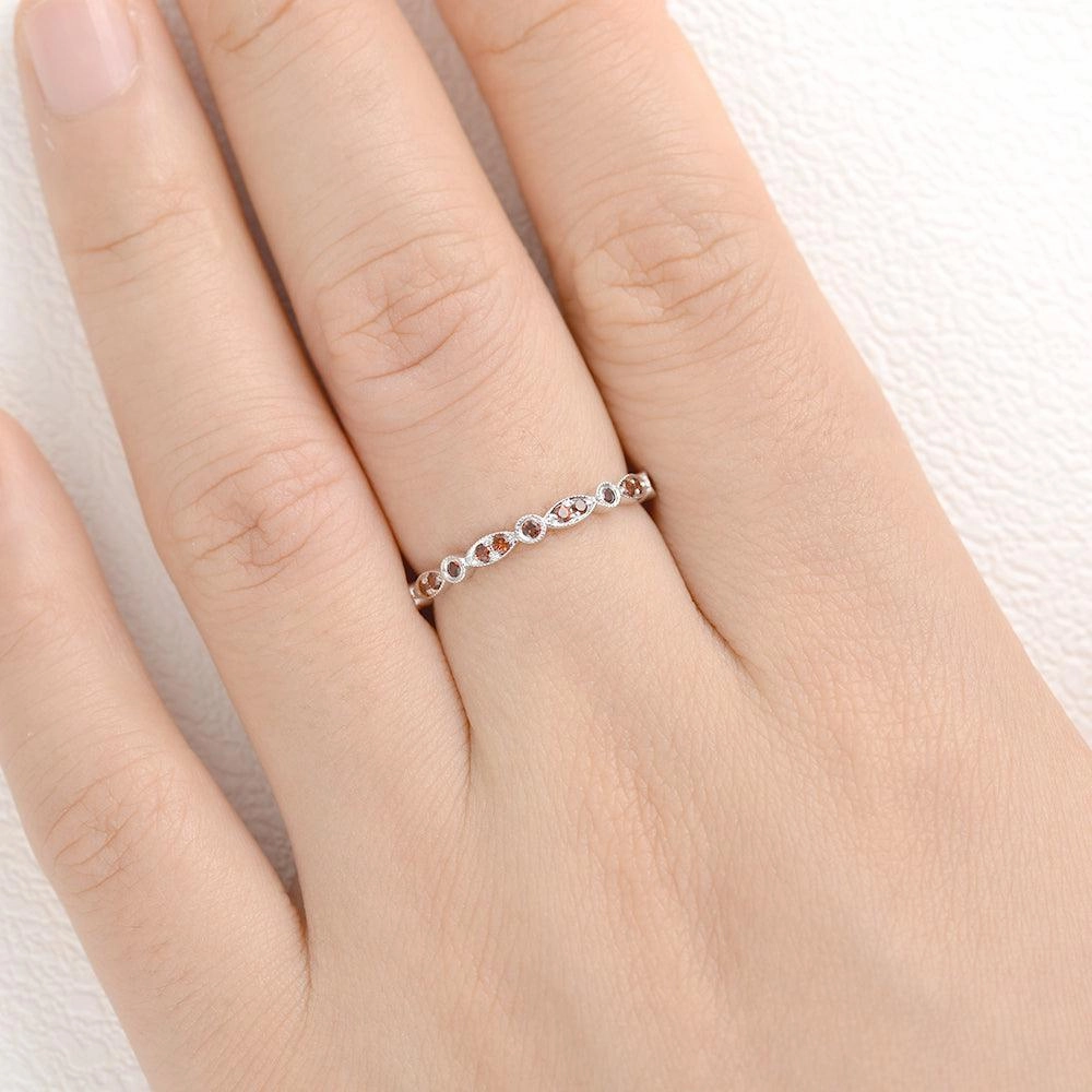 Charming Treasures Milgrain Garnet White Gold Wedding Band