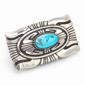 Elegant Style Thomas Singer Navajo Handmade Sterling Silver Natural Turquoise Belt Buckle