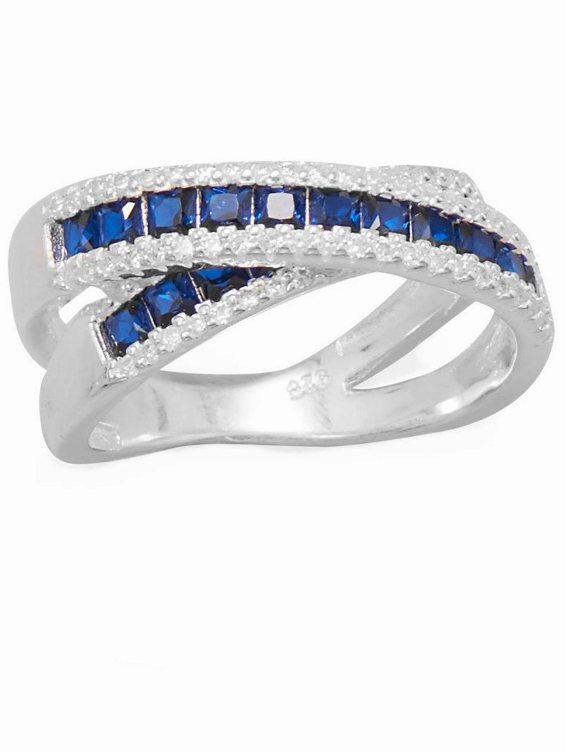 Stylish Jewelry Overlap X Band Ring Blue and White Cubic Zirconia Graduated Sterling Silver