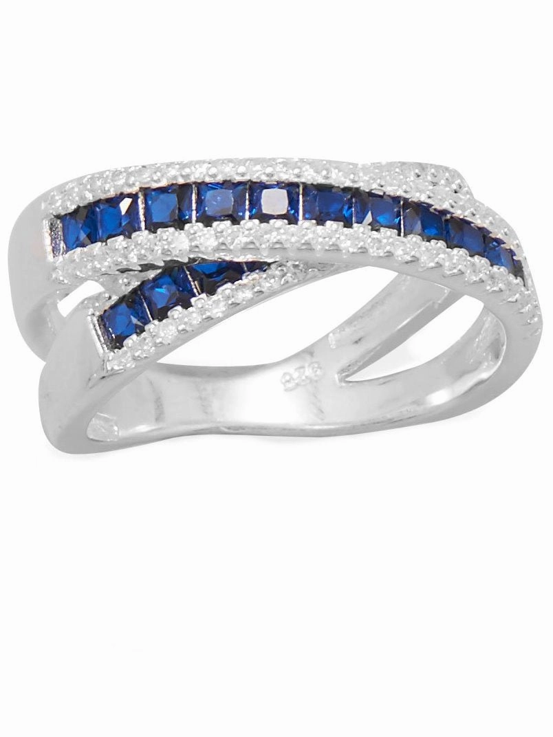 Overlap X Band Ring Blue and White Cubic Zirconia Graduated Sterling Silver Shimmer Mood Shiny Jewelry