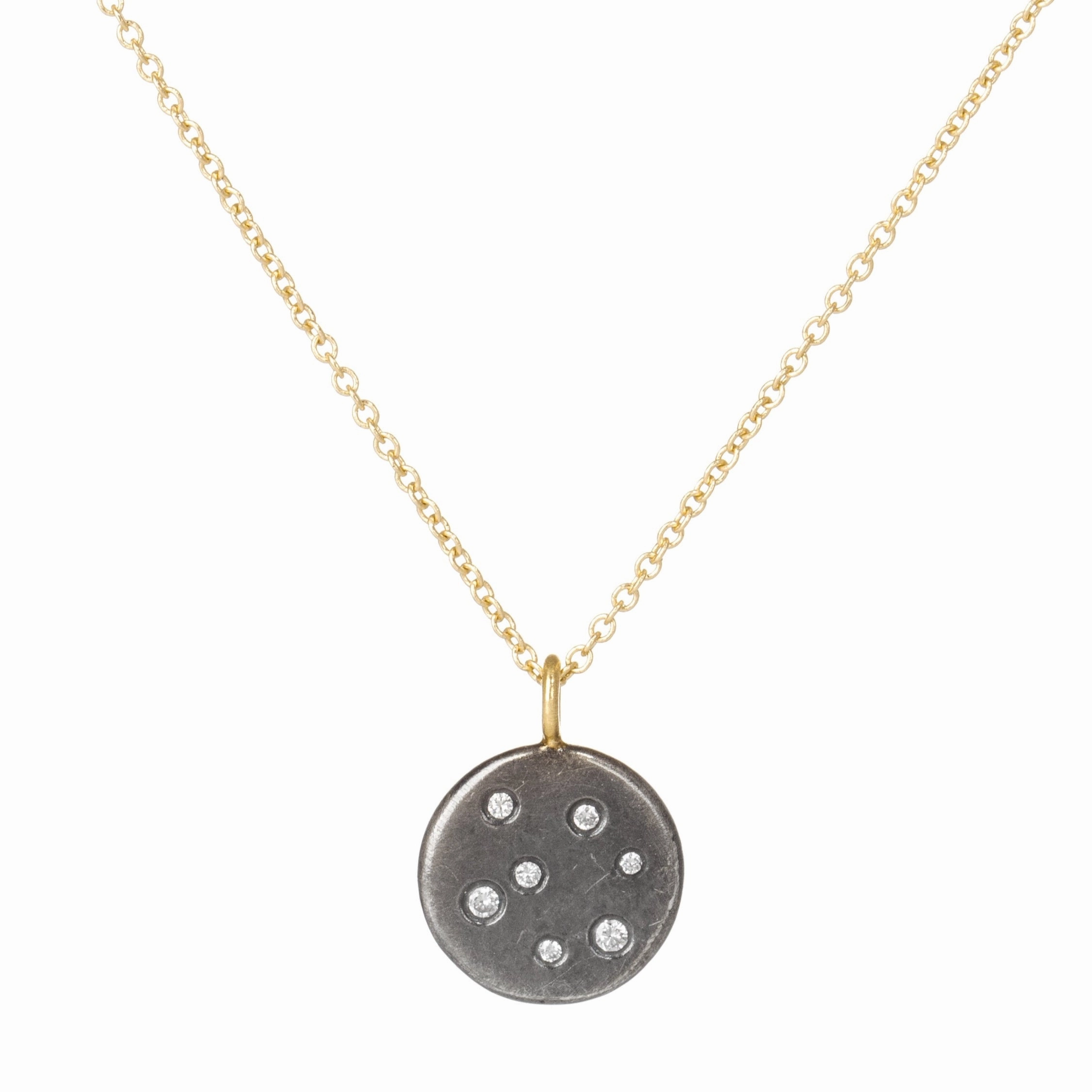Black   Gold Disc Necklace on 14k Gold Chain - 14k Gold, Oxidized Silver   VS White Diamonds Birthday Surprise Party Night