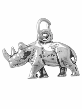 Rhino Rinoceros Charm Two Horns 3D Antiqued Finish Sterling Silver Classic Jewelry Design