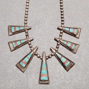 Calvin Begay Navajo  Turquoise-Spiny Oyster Sterling Silver  Necklace - Handmade Native American Gloss Finish