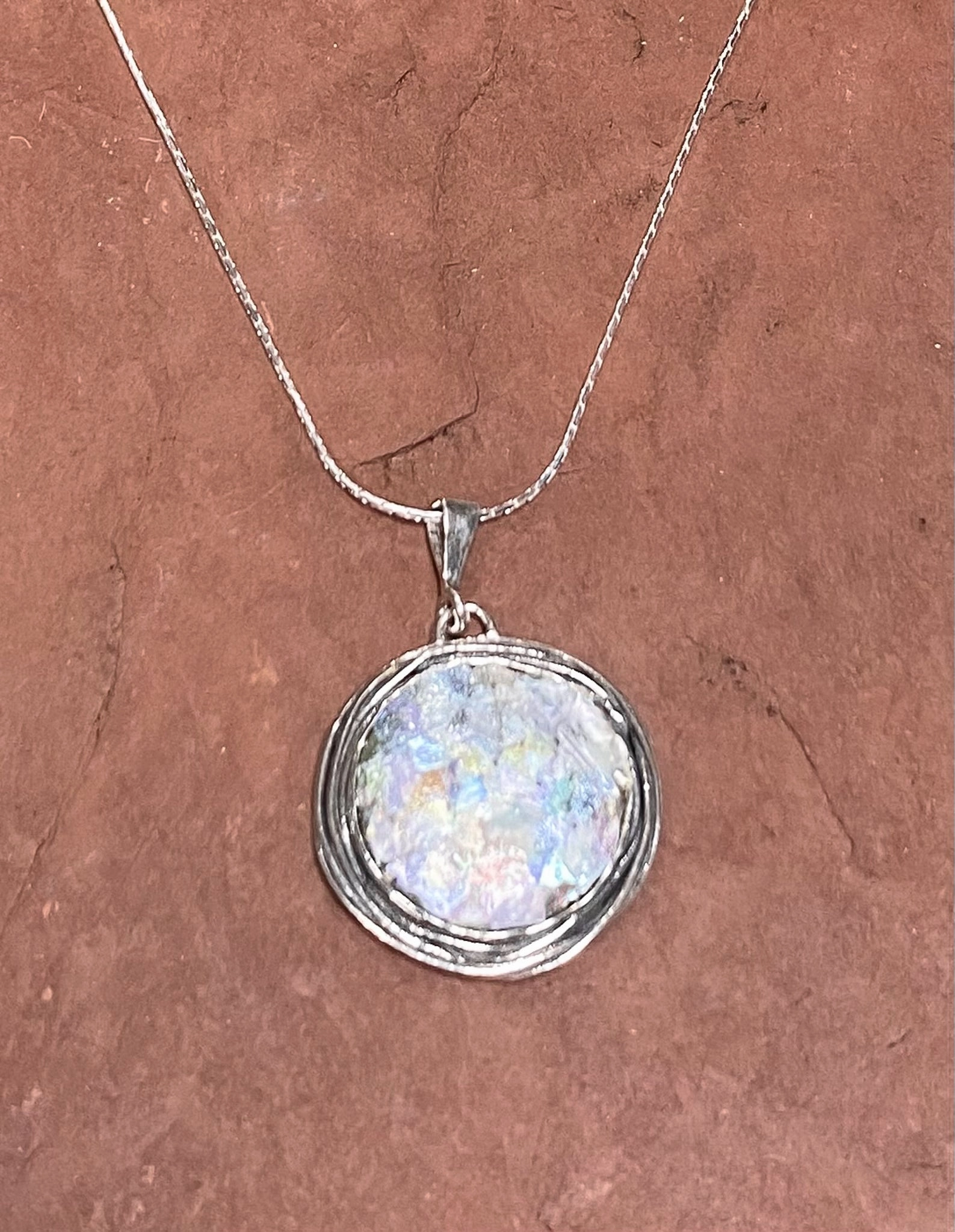 Iconic look Art Deco Feel Roman Glass Pendant In Sterling Border