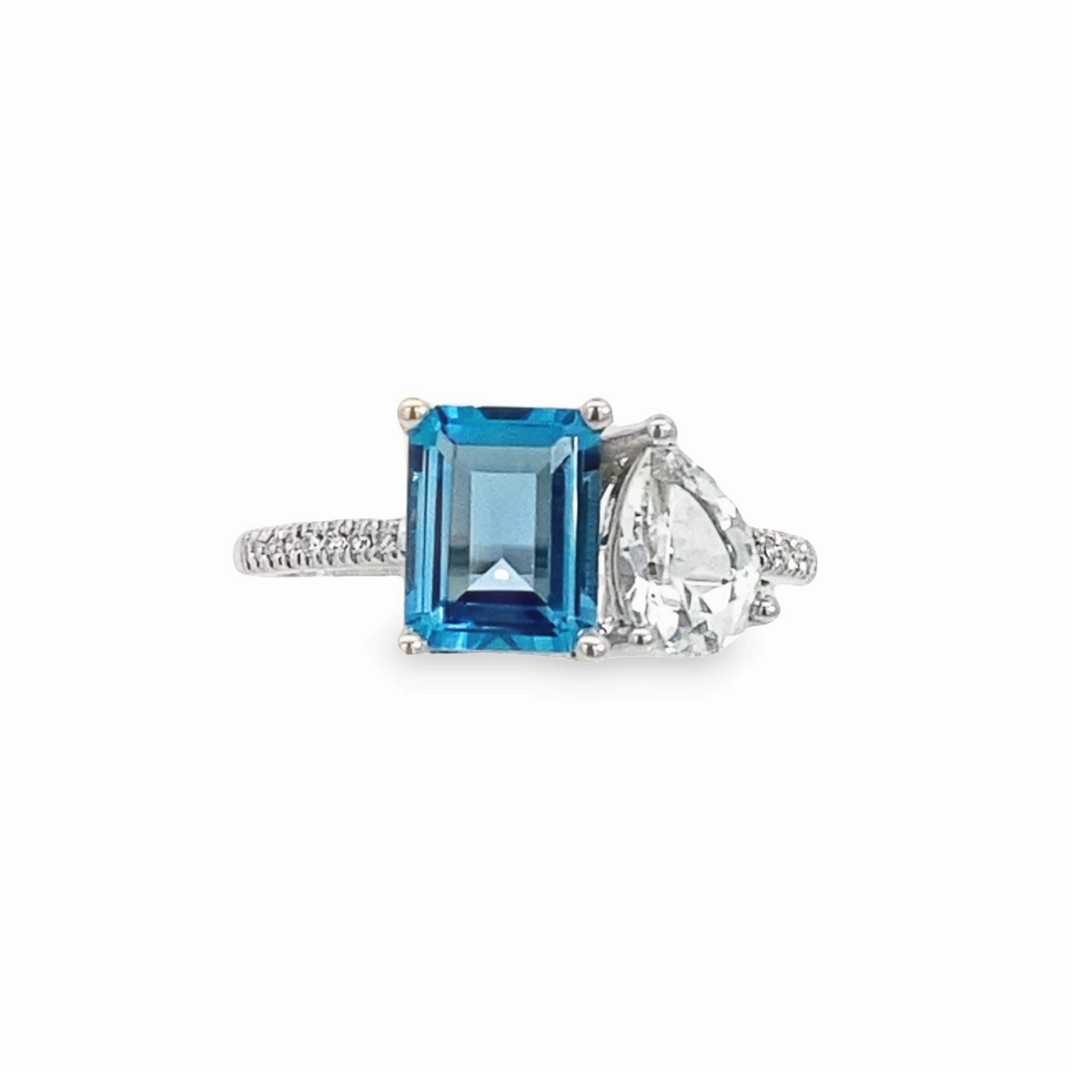 14K White Gold Two-Stone Blue and White Topaz Diamond Ring Casual Accent