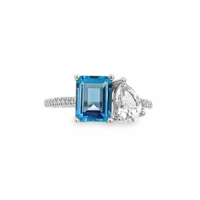 14K White Gold Two-Stone Blue and White Topaz Diamond Ring Casual Accent