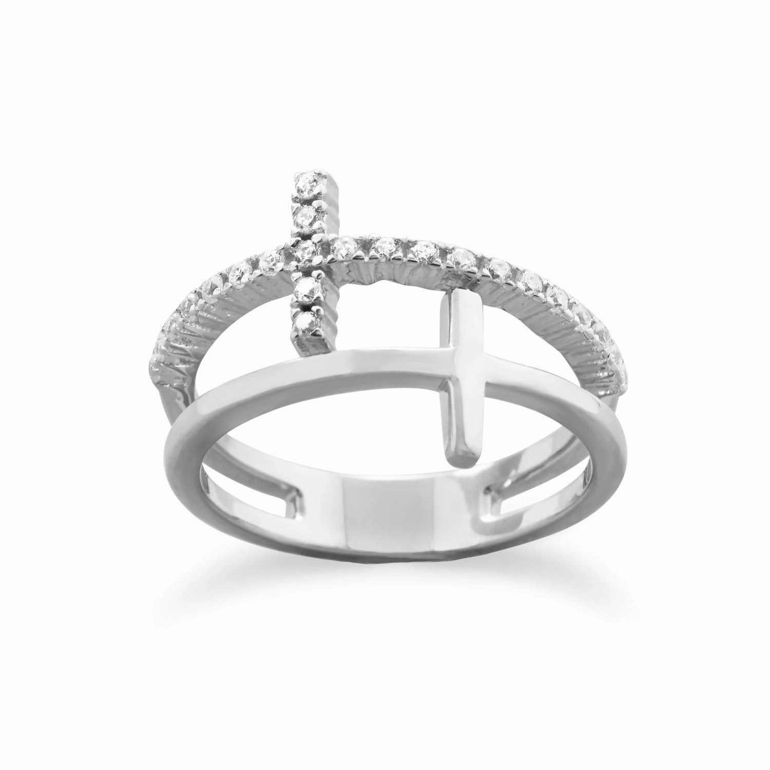 Bright Accent Double Cross Ring with Cubic Zirconia and Polished Crosses Stacked