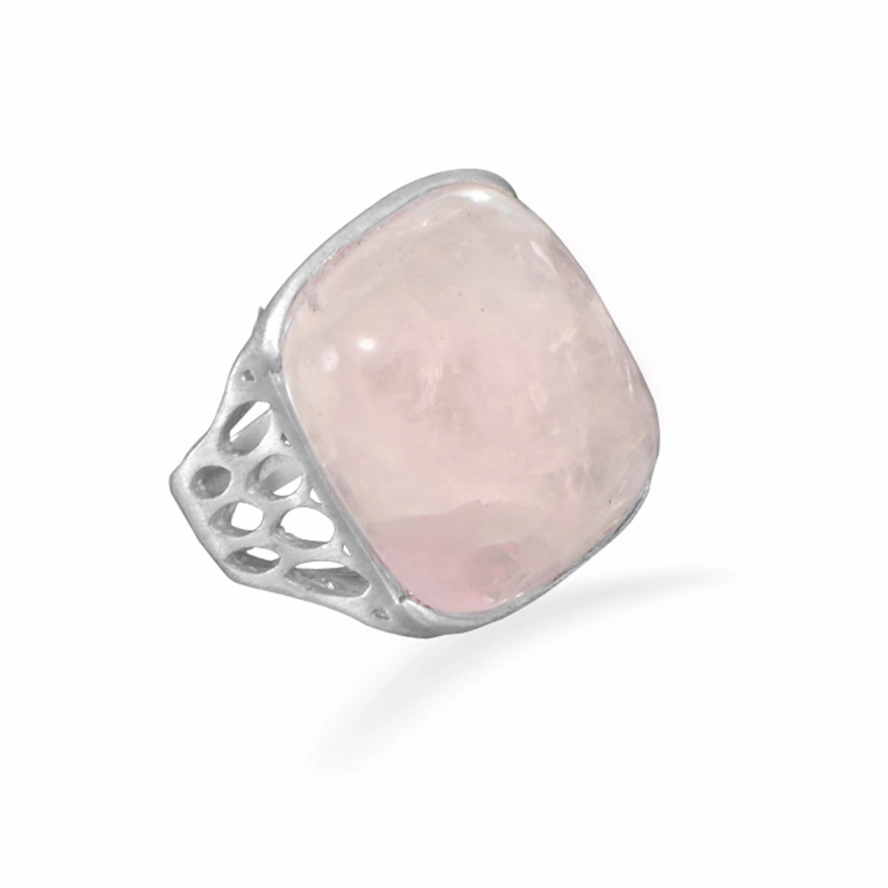 Team Spirit Everyday Use Rose Dyed Quartz Square Ring Open Sides Satin Finish Rhodiium on Sterling Silver