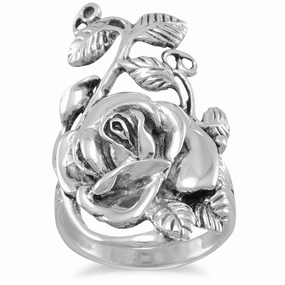 Rose Flower Ring with Leaves and Vines Antiqued Sterling Silver Glamorous Article Fine Piece