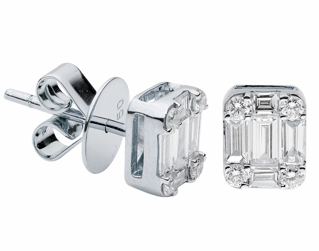 Round&Baguette Stud Diamond Earrings in 18K White Gold (.50ctw) Modern Ornament