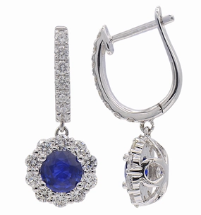 Classic Essential Round Shape Sapphires and Diamonds Dangle Earrings in 18K White Gold (2.00ctw)