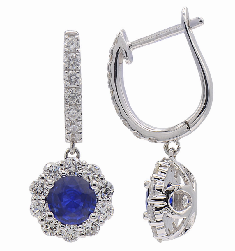 Classic Essential Round Shape Sapphires and Diamonds Dangle Earrings in 18K White Gold (2.00ctw)