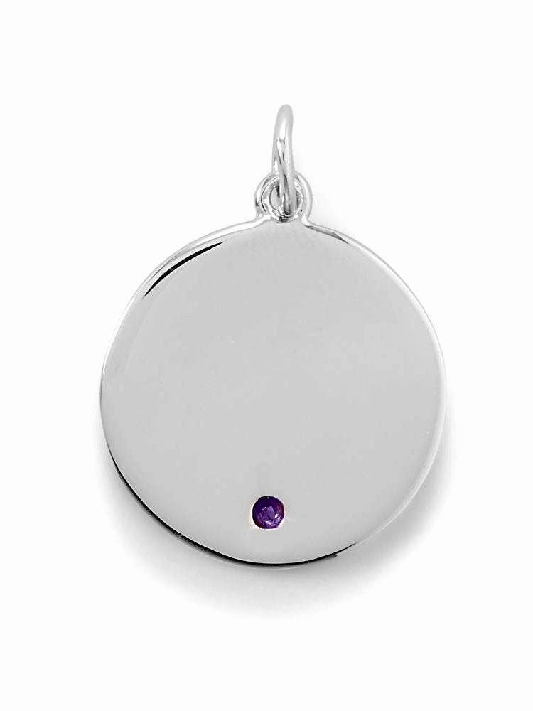 Round Tag Pendant Charm February Cubic Zirconia Sterling Silver Engravable Sparkling Style Spark Touch