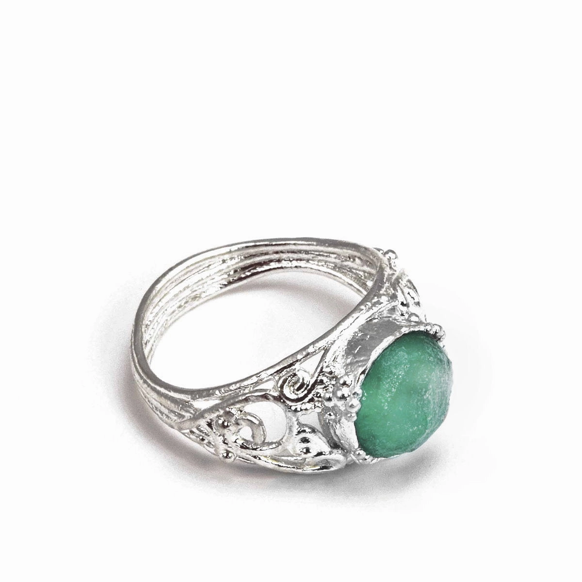 Ancient Roman Glass Ring Round with Bead and Scroll Openwork Sterling Silver Event Ready