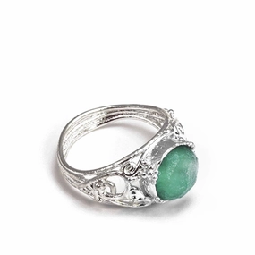 Minimalist Jewelry Ancient Roman Glass Ring Round with Bead and Scroll Openwork Sterling Silver