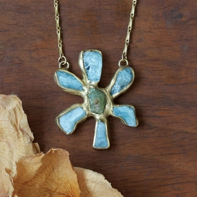 Fall Accent Engagement Style Sea Flower Pendant - Brass, Aquamarine   Green Garnet