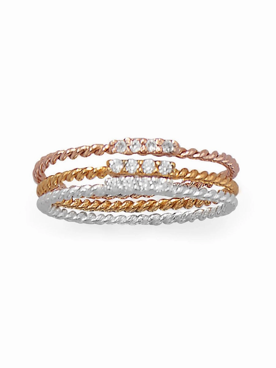 Set of 3 Stacking Rings with Cubic Zirconia Three Tone Rope Twist Band Minimal Structure