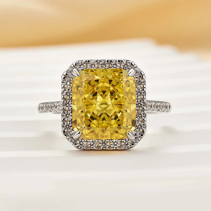 Sleek Outline Lux Appeal Louily Halo Yellow Stone 5.0Ct Radiant Cut Engagement Ring In Sterling Silver