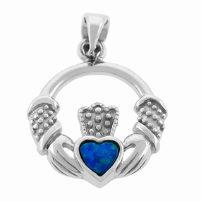 Bold Jewelry Elegant Outline Claddaugh Pendant with Simulated Opal Heart Sterling Silver
