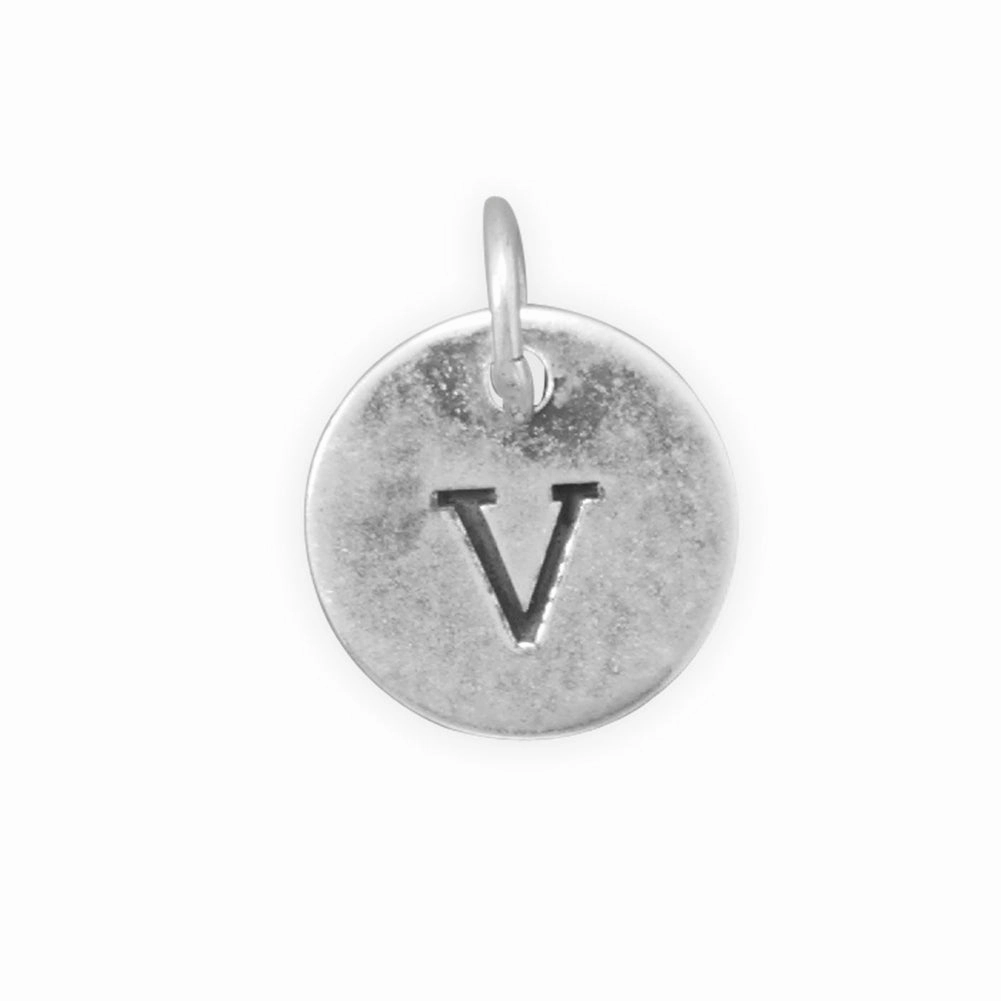 Antiqued Finish Sterling Silver Letter V Disk Charm Polished Piece