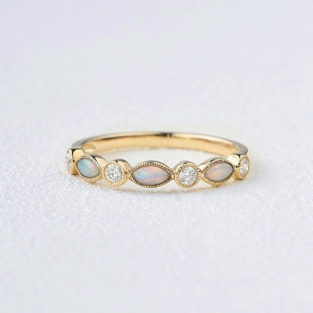 Marquise Natural Opal Pave Stacking Ring Luxurious Style