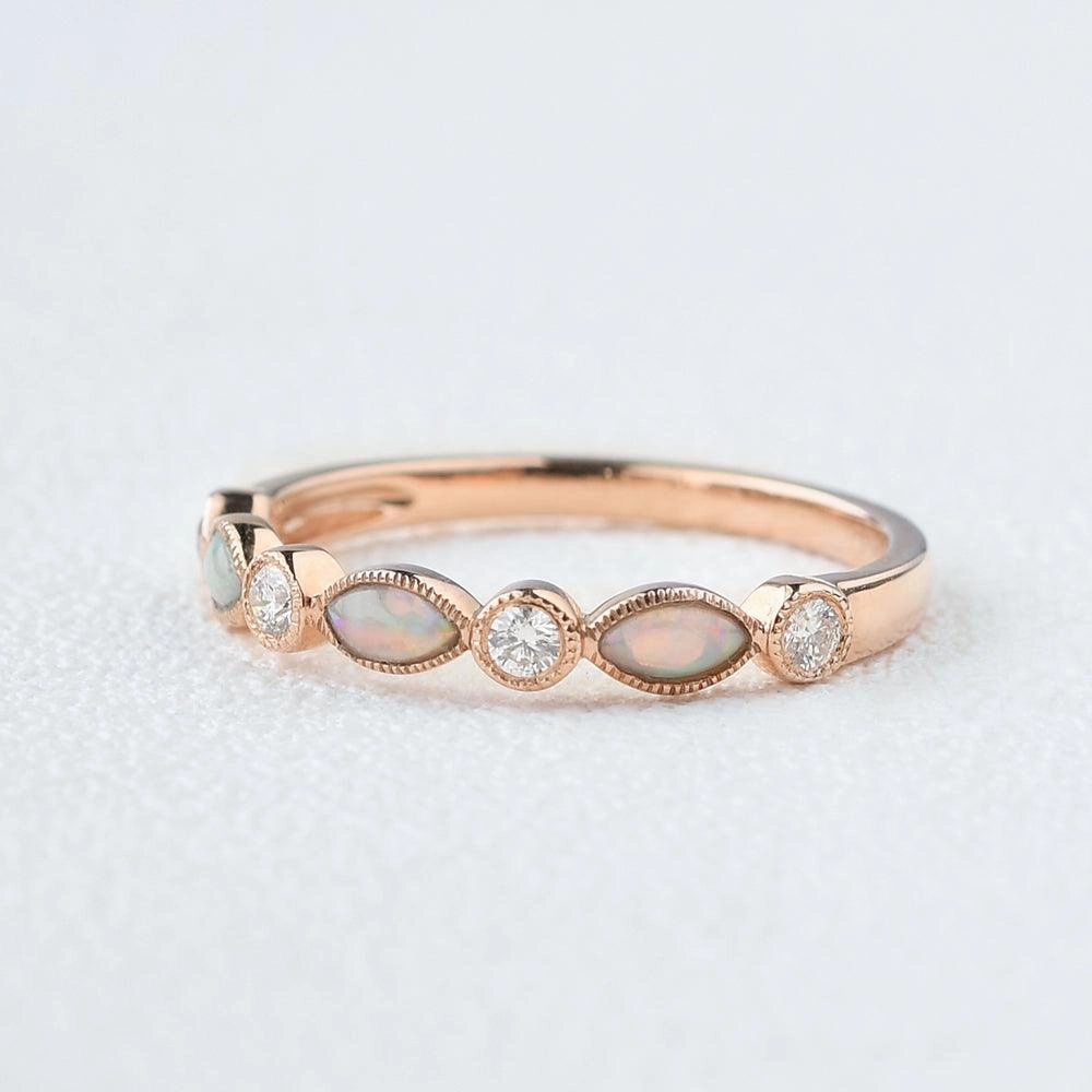 Marquise Natural Opal Pave Stacking Ring Shimmer Light