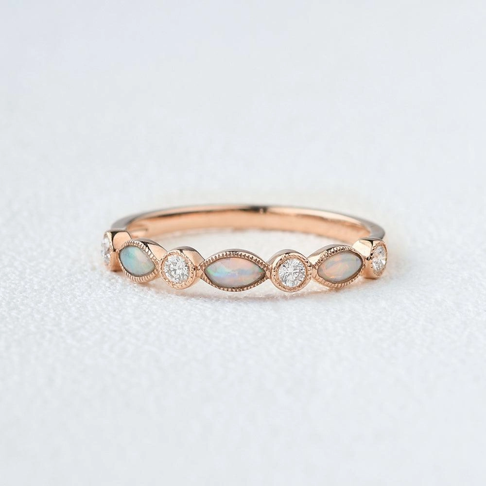 Photo Look Handmade Design Marquise Natural Opal Pave Stacking Ring