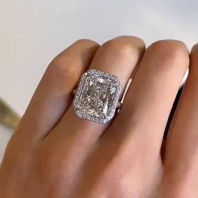 Shining Feature Graceful Look Louily Excellent Halo Radiant Cut Simulated Diamond Engagement Ring In Sterling Silver