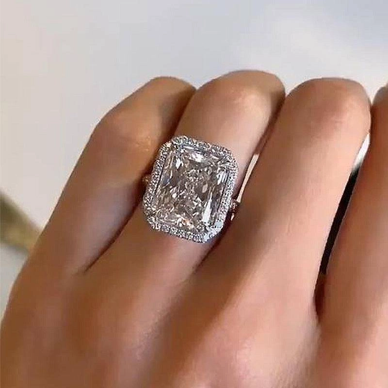 Shining Feature Graceful Look Louily Excellent Halo Radiant Cut Simulated Diamond Engagement Ring In Sterling Silver