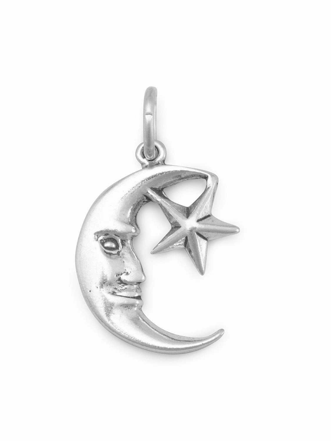 Precious Pieces Daring Look Man in the Moon and Star Charm Sterling Silver