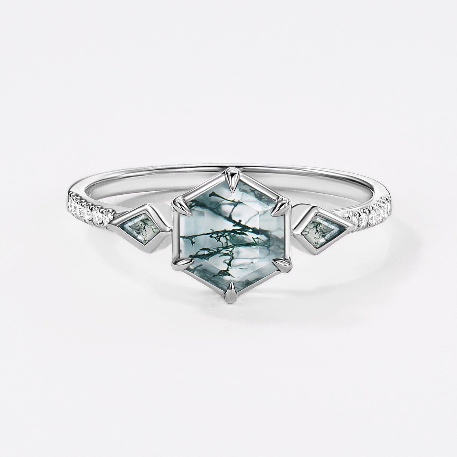 1.0ct Hexagon Moss Agate Bezel Engagement Ring Bold Statement