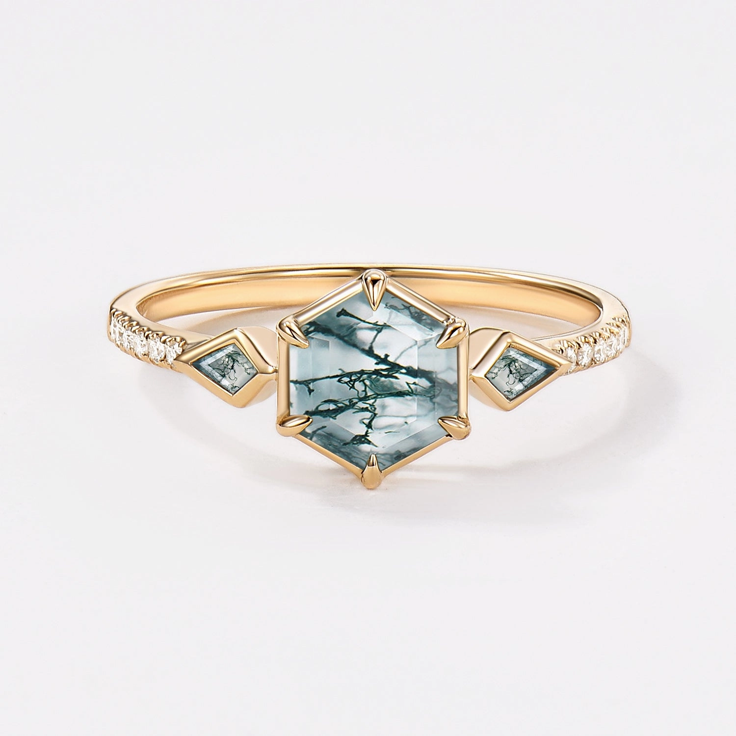 1.0ct Hexagon Moss Agate Bezel Engagement Ring Lustrous Sparkle