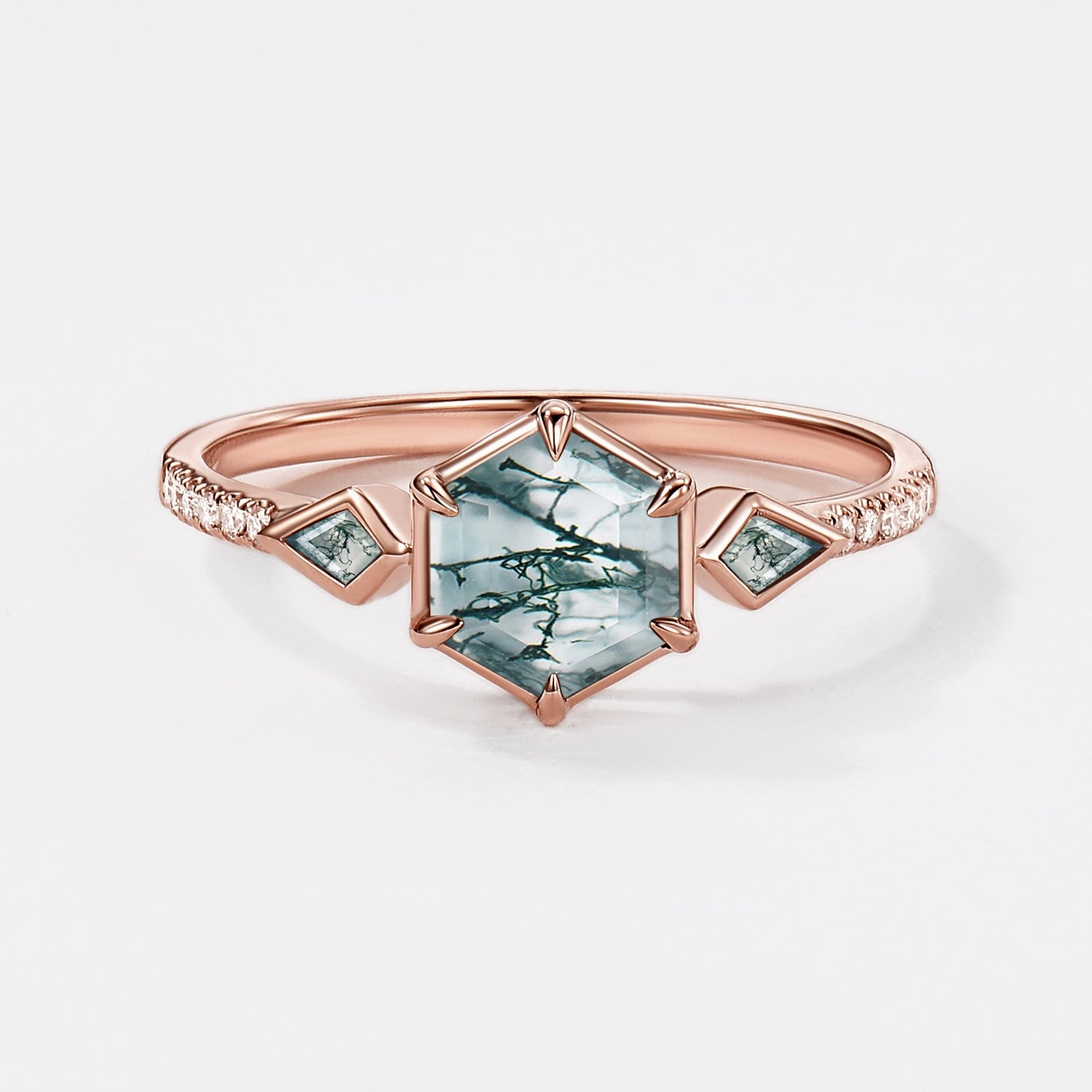 Handcrafted Treasures 1.0ct Hexagon Moss Agate Bezel Engagement Ring