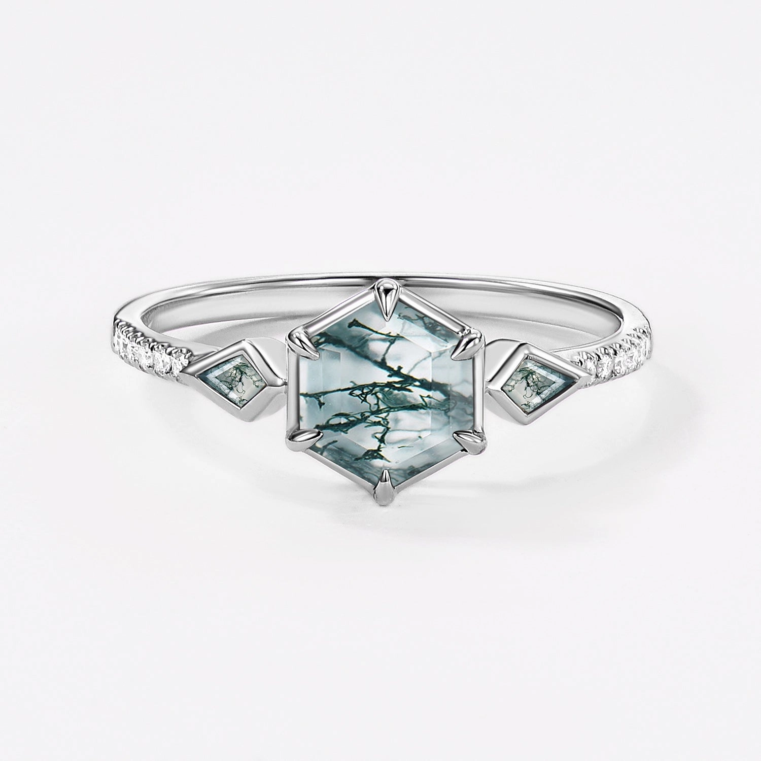 1.0ct Hexagon Moss Agate Bezel Engagement Ring Distinctive Piece Urban Mood